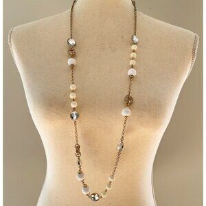 SOLD Banana Republic Long Necklace White & Cream Beads Gold Tone Chain Rhineston